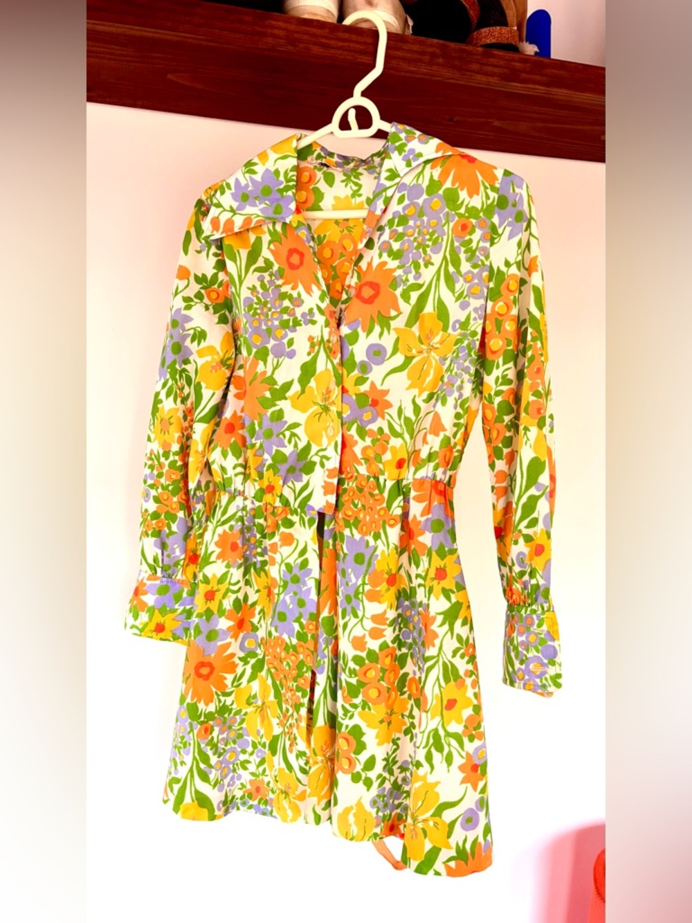 🌼 ✌️Vintage 1960s Eaumart Bold Floral Shirt Mini Long Sleeve Dress — Carol Brady